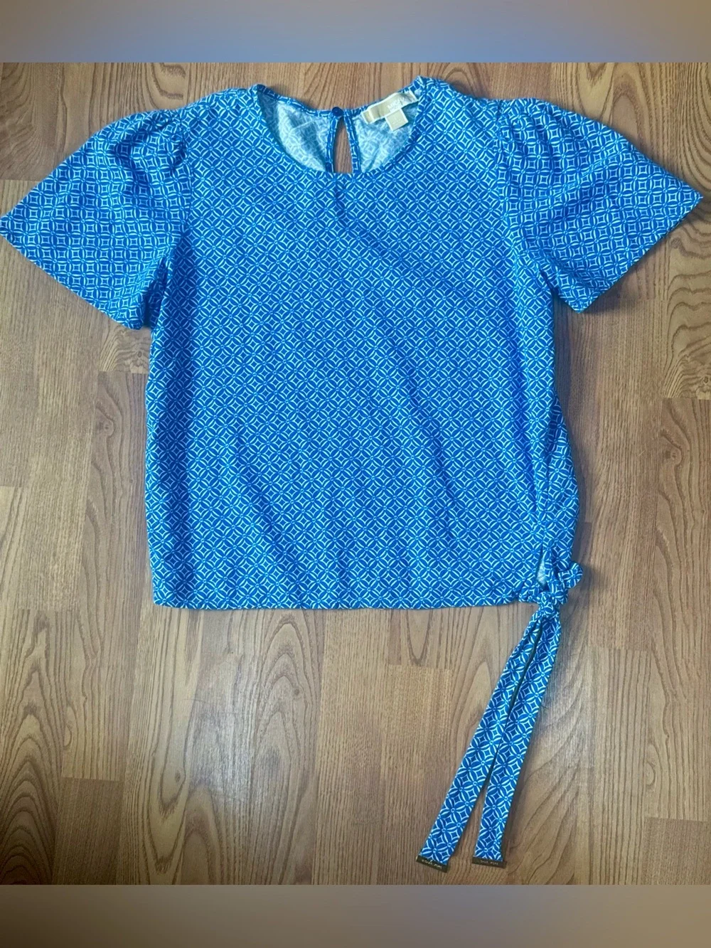❤️ Michael Kors S Blue Linen Blend Geometric Tie-Hem Blouse Top Shirt (B13)